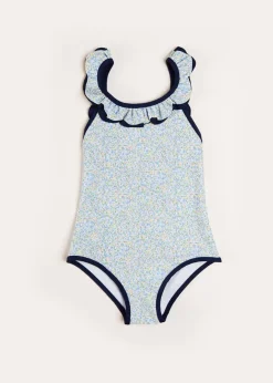 Pepa London Matilda Floral Print Ruffle Trim Swimsuit in Blue (2-8yrs)