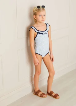 Pepa London Matilda Floral Print Ruffle Trim Swimsuit in Blue (2-8yrs)