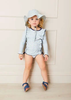Pepa London Matilda Floral Print Ruffle Trim Long Sleeve Swim Set in Blue (12mths-6yrs)