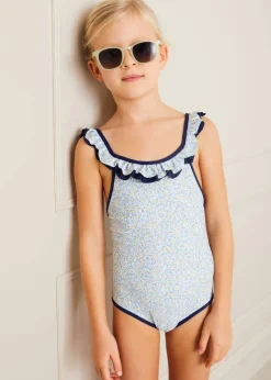 Pepa London Matilda Floral Print Ruffle Trim Swimsuit in Blue (2-8yrs)