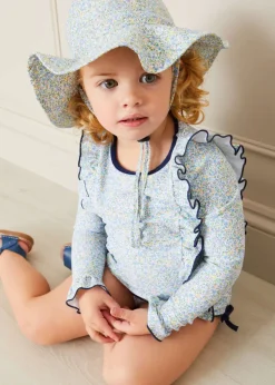 Pepa London Matilda Floral Print Ruffle Trim Long Sleeve Swim Set in Blue (12mths-6yrs)