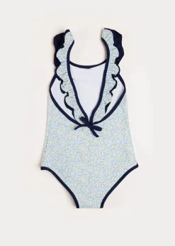 Pepa London Matilda Floral Print Ruffle Trim Swimsuit in Blue (2-8yrs)