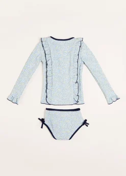 Pepa London Matilda Floral Print Ruffle Trim Long Sleeve Swim Set in Blue (12mths-6yrs)