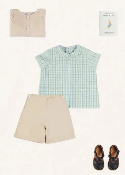 BOY Pepa London Maxwell Gingham Peter Pan Collar Short Sleeve Shirt in Green (18mths-5yrs) | Faux Pocket Elasticated Waist Shorts in Ivory (12mths-4yrs) | Plain Cardigan in Cream (6mths-10yrs) | Leather Fishermans Sandals in Navy (21-27EU)