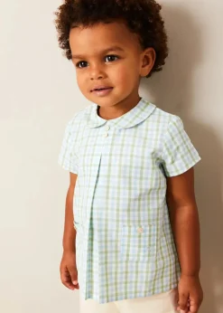 BOY Pepa London Maxwell Gingham Peter Pan Collar Short Sleeve Shirt in Green (18mths-5yrs) | Faux Pocket Elasticated Waist Shorts in Ivory (12mths-4yrs) | Plain Cardigan in Cream (6mths-10yrs) | Leather Fishermans Sandals in Navy (21-27EU)