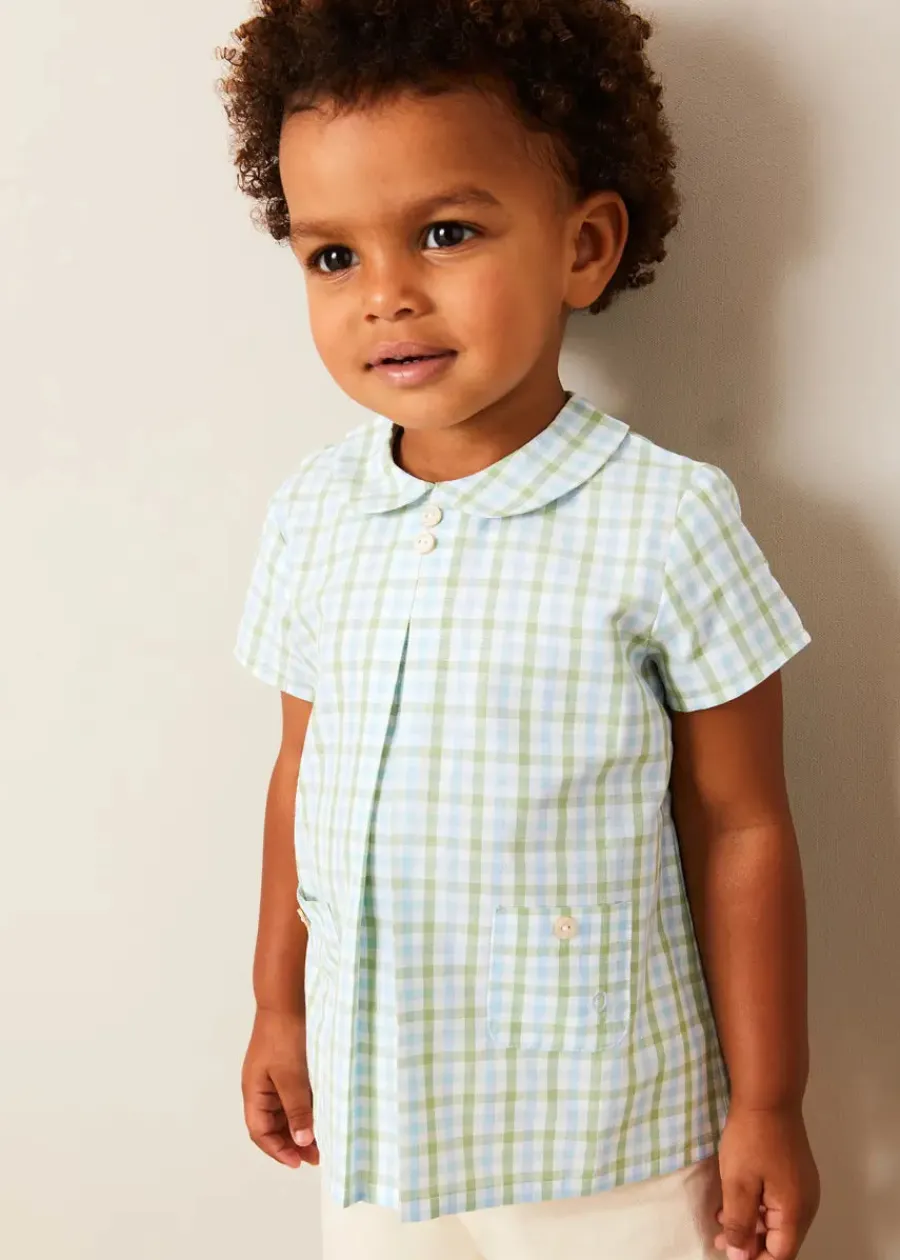 BOY Pepa London Maxwell Gingham Peter Pan Collar Short Sleeve Shirt in Green (18mths-5yrs) | Faux Pocket Elasticated Waist Shorts in Ivory (12mths-4yrs) | Plain Cardigan in Cream (6mths-10yrs) | Leather Fishermans Sandals in Navy (21-27EU)