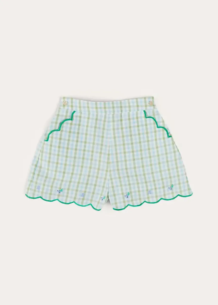 Pepa London Maxwell Gingham Scallop Trim Embroidered Shorts in Green (18mths-10yrs)