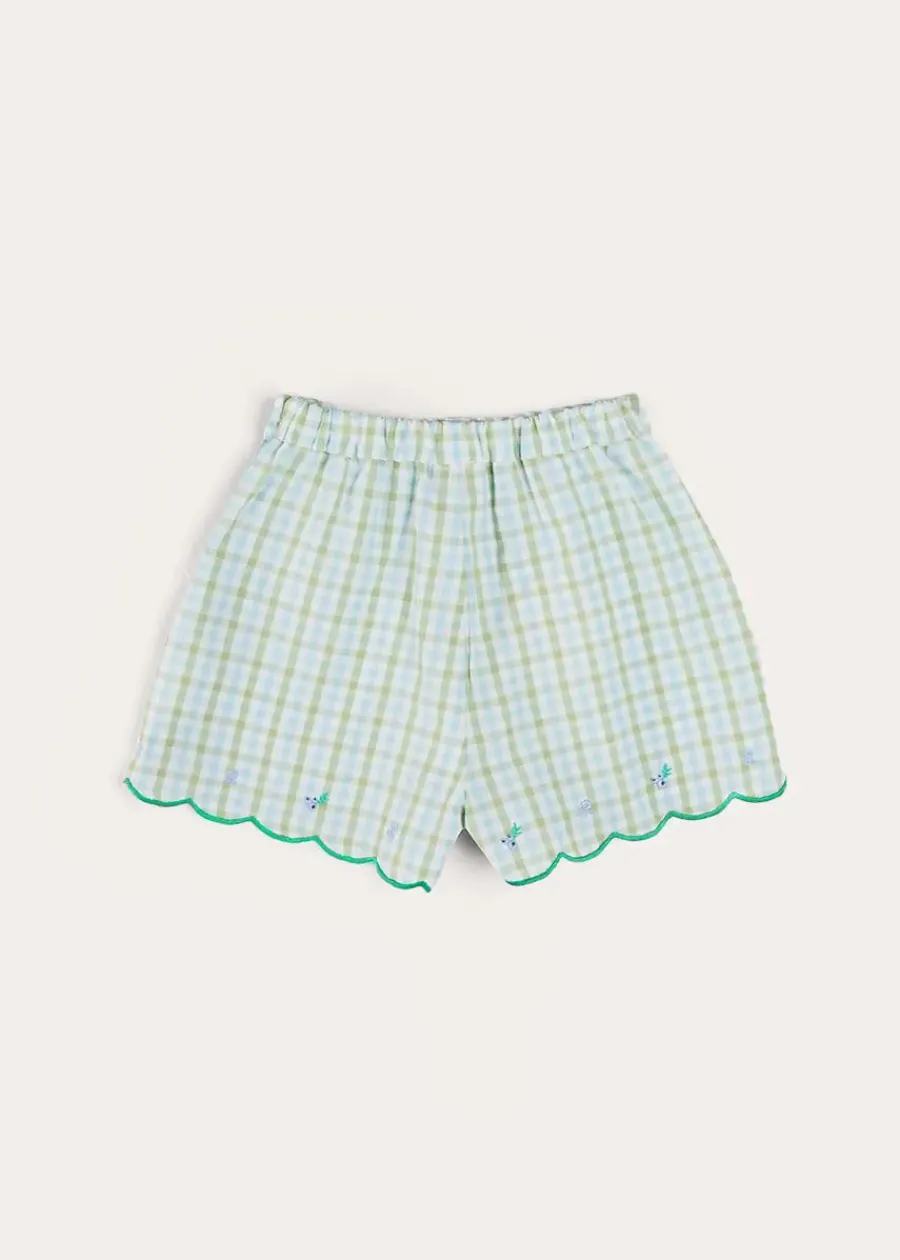 Pepa London Maxwell Gingham Scallop Trim Embroidered Shorts in Green (18mths-10yrs)