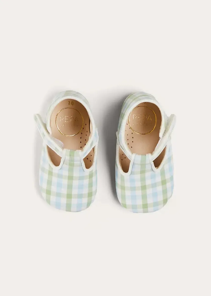 BOY Pepa London Maxwell Gingham T-Bar Pram Shoes in Green (17-20EU)