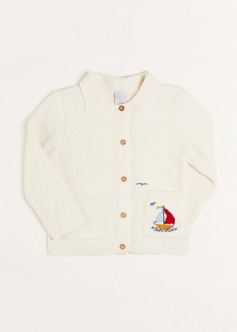 BOY Pepa London Nautical Boat Embroidery Polo Collar Cardigan in Cream (12mths-6yrs)