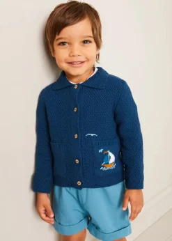 BOY Pepa London Nautical Boat Embroidery Polo Collar Cardigan in Blue (12mths-6yrs)