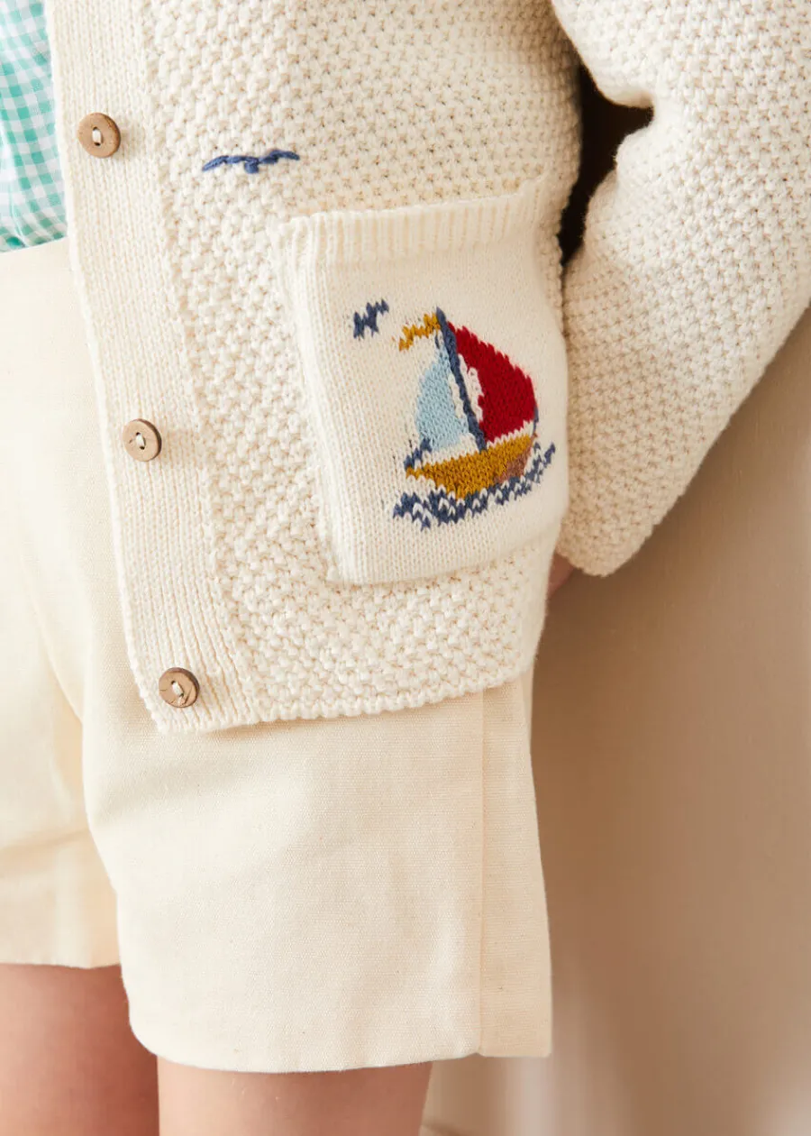 BOY Pepa London Nautical Boat Embroidery Polo Collar Cardigan in Cream (12mths-6yrs)