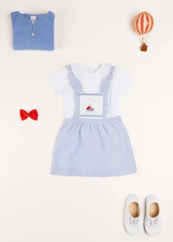 Pepa London Nautical Striped Boat Embroidered Skirt with Braces in Blue (18mths-4yrs)