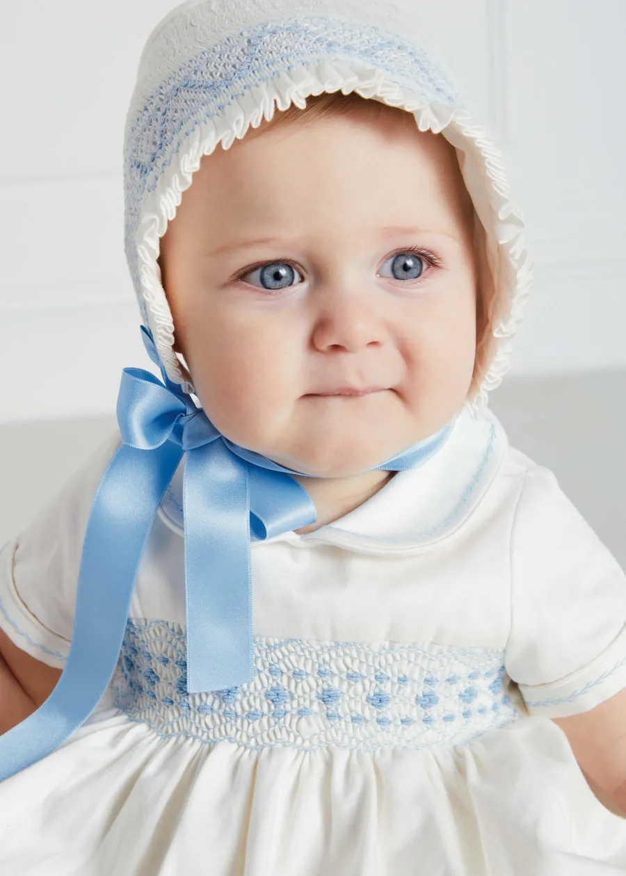 BOY Pepa London Off White and Blue Hand Smocked Baby Bonnet