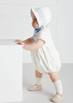 BOY Pepa London Off White and Blue Hand Smocked Baby Bonnet