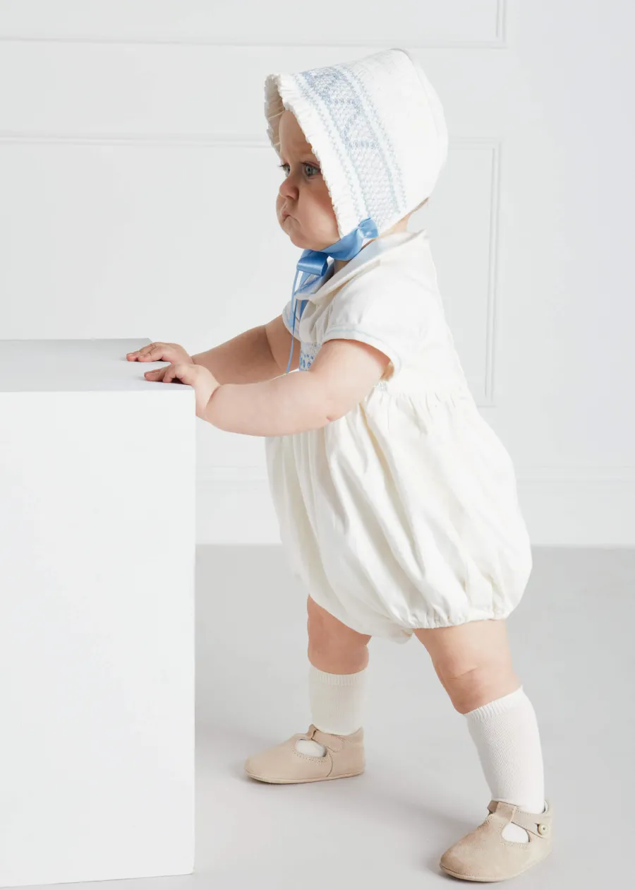 BOY Pepa London Off White and Blue Hand Smocked Baby Bonnet