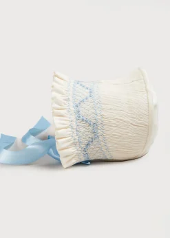 BOY Pepa London Off White and Blue Hand Smocked Baby Bonnet