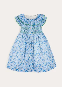 Pepa London Olivia Floral Smocked Ruffle Collar Sleeveless Dress in Blue (12mths-10yrs)