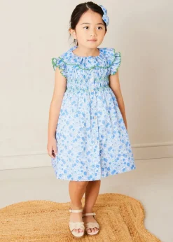 Pepa London Olivia Floral Smocked Ruffle Collar Sleeveless Dress in Blue (12mths-10yrs) | Floral Openwork Cotton Cardigan in Green (2-10yrs) | Leather Woven Detail Sandals in Beige (24-35EU) | Olivia Floral Medium Bow Hair Clip in Blue