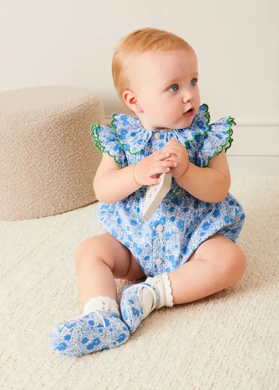 Pepa London Olivia Floral Smocked Ruffle Collar Sleeveless Romper in Blue (6mths-2yrs)