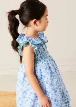 Pepa London Olivia Floral Smocked Ruffle Collar Sleeveless Dress in Blue (12mths-10yrs)