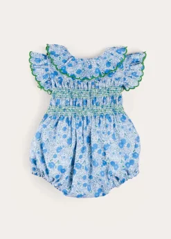 Pepa London Olivia Floral Smocked Ruffle Collar Sleeveless Romper in Blue (6mths-2yrs)