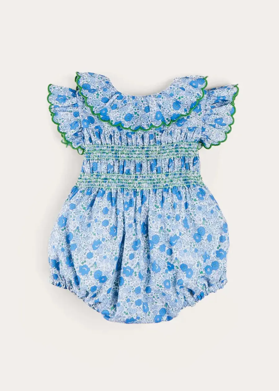 Pepa London Olivia Floral Smocked Ruffle Collar Sleeveless Romper in Blue (6mths-2yrs)