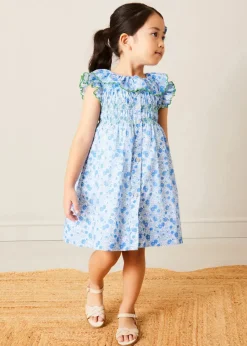 Pepa London Olivia Floral Smocked Ruffle Collar Sleeveless Dress in Blue (12mths-10yrs)