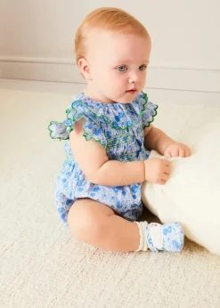 Pepa London Olivia Floral Smocked Ruffle Collar Sleeveless Romper in Blue (6mths-2yrs)