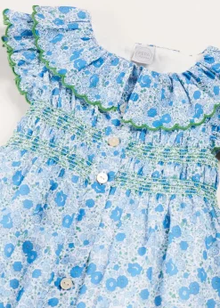 Pepa London Olivia Floral Smocked Ruffle Collar Sleeveless Dress in Blue (12mths-10yrs)
