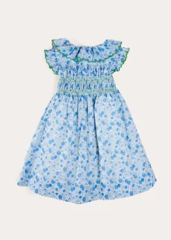 Pepa London Olivia Floral Smocked Ruffle Collar Sleeveless Dress in Blue (12mths-10yrs)