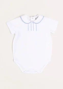 BOY Pepa London Peter Pan Collar Embroidered Detail Short Sleeve Bodysuit in Blue (3mths-3yrs)
