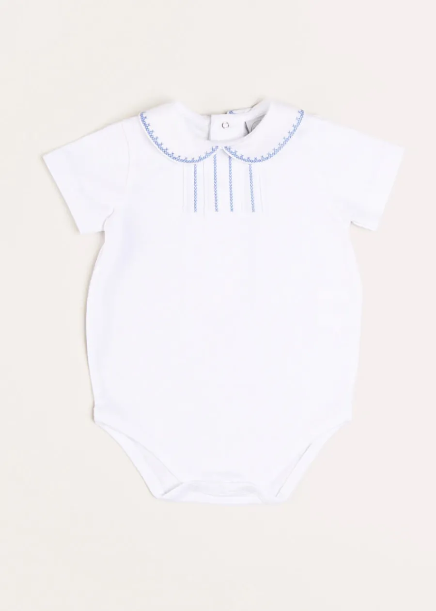 BOY Pepa London Peter Pan Collar Embroidered Detail Short Sleeve Bodysuit in Blue (3mths-3yrs)