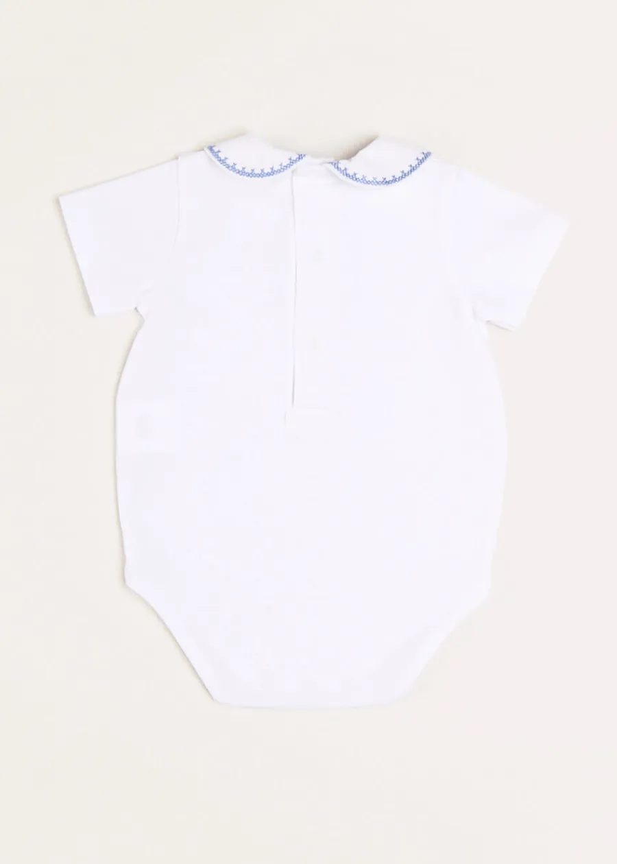 BOY Pepa London Peter Pan Collar Embroidered Detail Short Sleeve Bodysuit in Blue (3mths-3yrs)