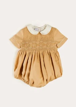 BOY Pepa London Peter Pan Collar Hand Smocked Short Sleeve Romper in Camel (6mths-2yrs)