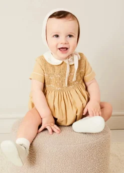 BOY Pepa London Peter Pan Collar Hand Smocked Short Sleeve Romper in Camel (6mths-2yrs)