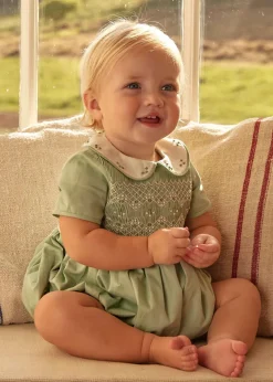 BOY Pepa London Peter Pan Collar Hand Smocked Short Sleeve Romper in Green (3mths-2yrs)