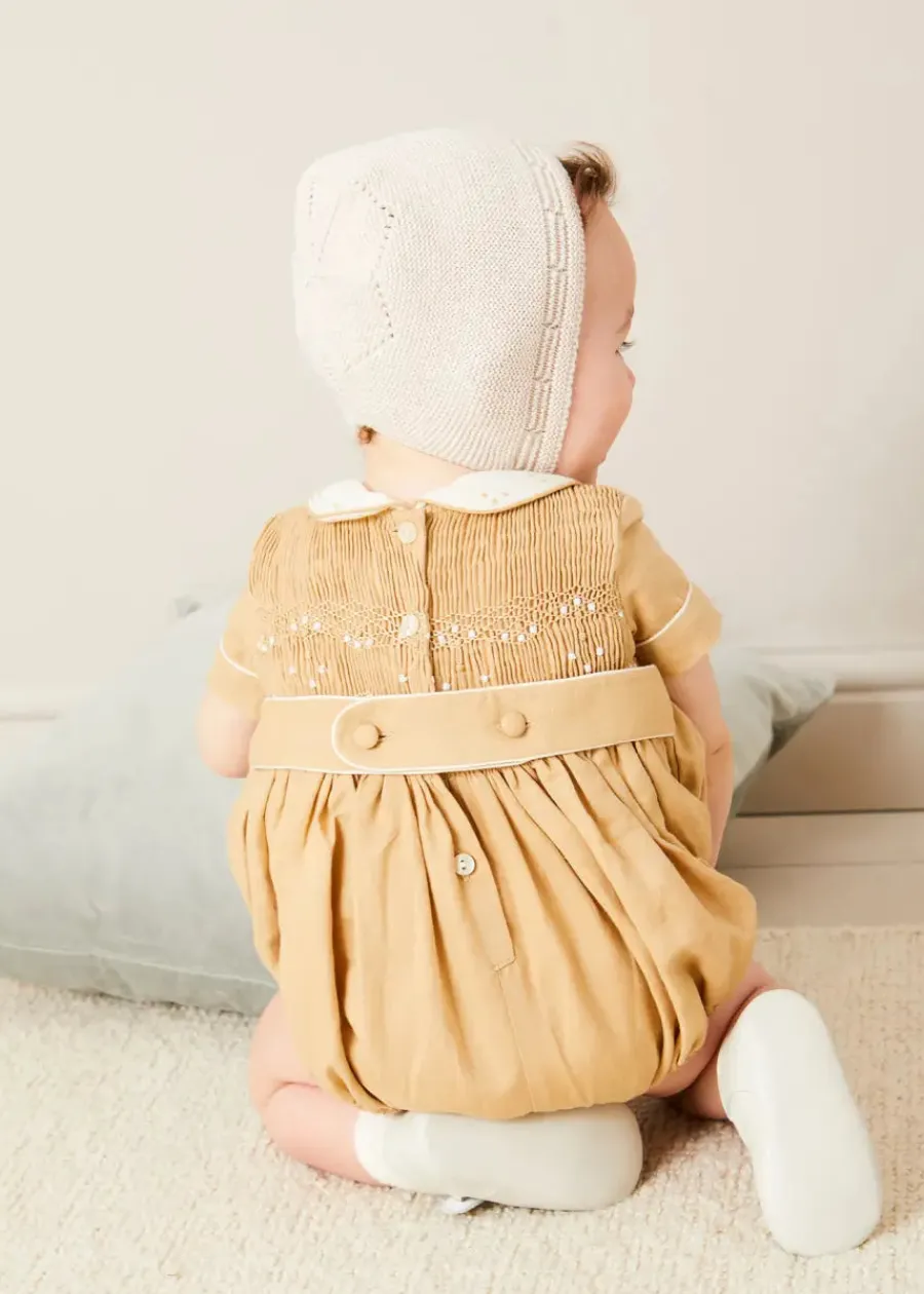 BOY Pepa London Peter Pan Collar Hand Smocked Short Sleeve Romper in Camel (6mths-2yrs)