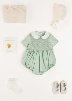 BOY Pepa London Peter Pan Collar Hand Smocked Short Sleeve Romper in Green (3mths-2yrs)