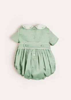 BOY Pepa London Peter Pan Collar Hand Smocked Short Sleeve Romper in Green (3mths-2yrs)