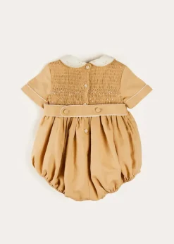 BOY Pepa London Peter Pan Collar Hand Smocked Short Sleeve Romper in Camel (6mths-2yrs)