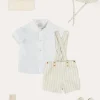 BOY Pepa London Peter Pan Collar Trim Detail Short Sleeve Shirt in White (12mths-5yrs) | Brompton Striped Shorts With Braces in Beige (12mths-4yrs) | T-Bar Leather Baby Shoes in Ivory (20-24EU) | Brompton Striped Sun Hat in Beige (XS-M) | Ribbed Short Socks in Beige (0mths-10yrs)