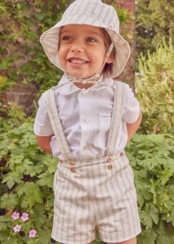 BOY Pepa London Peter Pan Collar Trim Detail Short Sleeve Shirt in White (12mths-5yrs) | Brompton Striped Shorts With Braces in Beige (12mths-4yrs) | T-Bar Leather Baby Shoes in Ivory (20-24EU) | Brompton Striped Sun Hat in Beige (XS-M) | Ribbed Short Socks in Beige (0mths-10yrs)