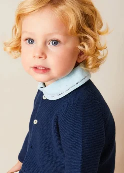 BOY Pepa London Peter Pan Collar Trim Detail Short Sleeve Shirt in Blue (12mths-5yrs) | Brompton Striped Shorts With Braces in Beige (12mths-4yrs) | Plain Cardigan in Navy (6mths-10yrs) | Woven T-Bar Baby Shoes in Navy (20-26EU) | Brompton Striped Sun Hat in Beige (XS-M) | Ribbed Short Socks - Cream (0mths-10yrs)