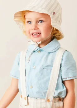BOY Pepa London Peter Pan Collar Trim Detail Short Sleeve Shirt in Blue (12mths-5yrs) | Brompton Striped Shorts With Braces in Beige (12mths-4yrs) | Plain Cardigan in Navy (6mths-10yrs) | Woven T-Bar Baby Shoes in Navy (20-26EU) | Brompton Striped Sun Hat in Beige (XS-M) | Ribbed Short Socks - Cream (0mths-10yrs)