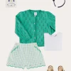 Pepa London Piculina Trim Top in White (2-10yrs) | Maxwell Gingham Scallop Trim Embroidered Shorts in Green (18mths-10yrs) | Floral Openwork Cotton Cardigan in Green (2-10yrs) | Leather Woven Detail Sandals in Beige (24-35EU) | Navy Linen Big Bow Hairband | Flower Fairies of the Summer Book in White