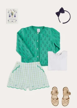 Pepa London Piculina Trim Top in White (2-10yrs) | Maxwell Gingham Scallop Trim Embroidered Shorts in Green (18mths-10yrs) | Floral Openwork Cotton Cardigan in Green (2-10yrs) | Leather Woven Detail Sandals in Beige (24-35EU) | Navy Linen Big Bow Hairband | Flower Fairies of the Summer Book in White