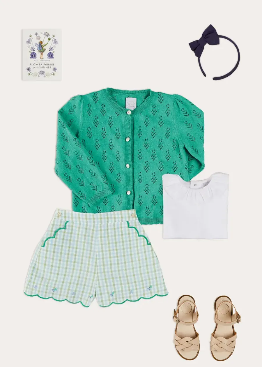 Pepa London Piculina Trim Top in White (2-10yrs) | Maxwell Gingham Scallop Trim Embroidered Shorts in Green (18mths-10yrs) | Floral Openwork Cotton Cardigan in Green (2-10yrs) | Leather Woven Detail Sandals in Beige (24-35EU) | Navy Linen Big Bow Hairband | Flower Fairies of the Summer Book in White