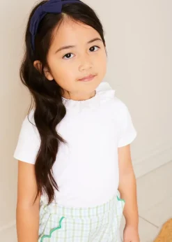 Pepa London Piculina Trim Top in White (2-10yrs) | Maxwell Gingham Scallop Trim Embroidered Shorts in Green (18mths-10yrs) | Floral Openwork Cotton Cardigan in Green (2-10yrs) | Leather Woven Detail Sandals in Beige (24-35EU) | Navy Linen Big Bow Hairband | Flower Fairies of the Summer Book in White