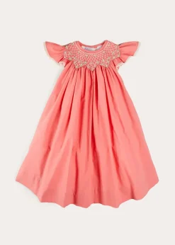 Pepa London Plain Hand Smocked Sleeveless Dress in Coral (12mths-10yrs)